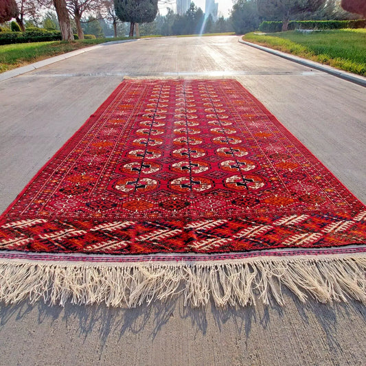 Stunning Antique Red Bukhara Wool Carpet 4'3"x7'1" Hand-Knotted Turkmen Area Rug