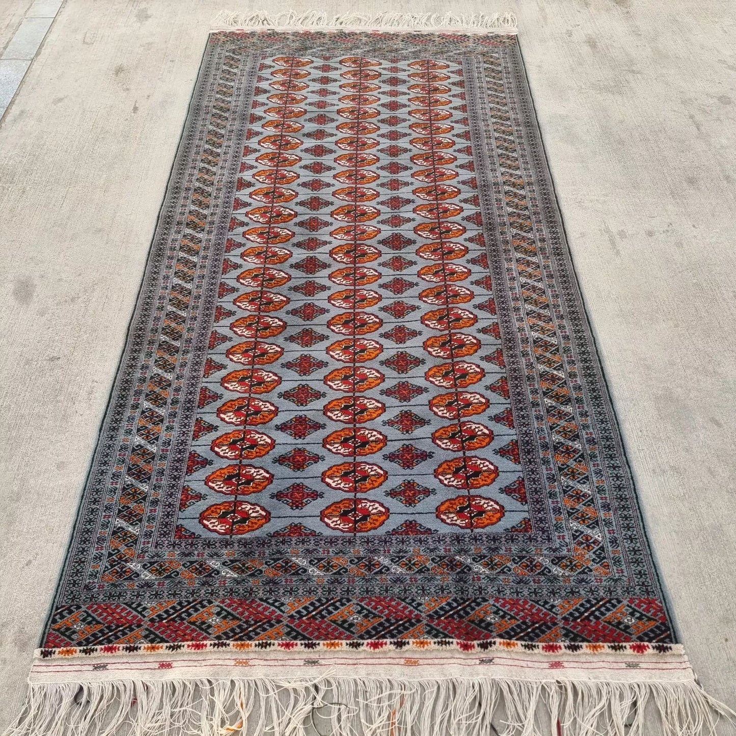 4'11 x 9'10 Handmade Tribal Blue Turkmen Bokhara Wool Tekke Carpet 150 x 300 cm