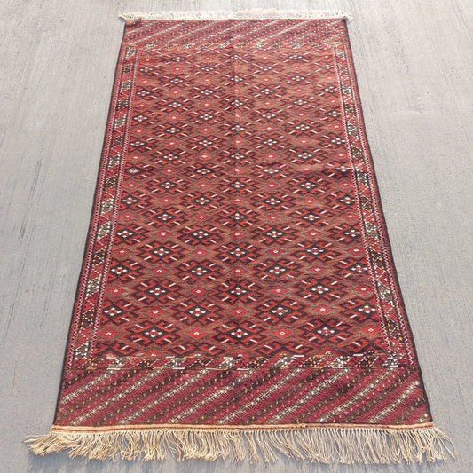 4 x 6 ft Handmade Vintage Turkoman Yomud Area Kilim Rug, Flatweaving Antique Rug