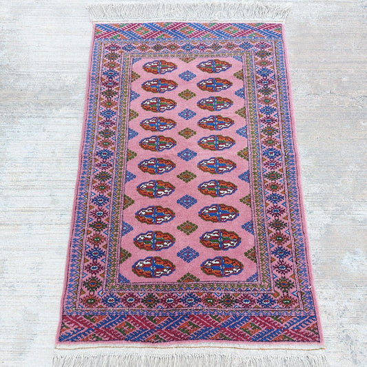 2'7"x 4' Handmade Turkmen Pink Wool Bukhara Rug, 80x122cm Oriental Carpet