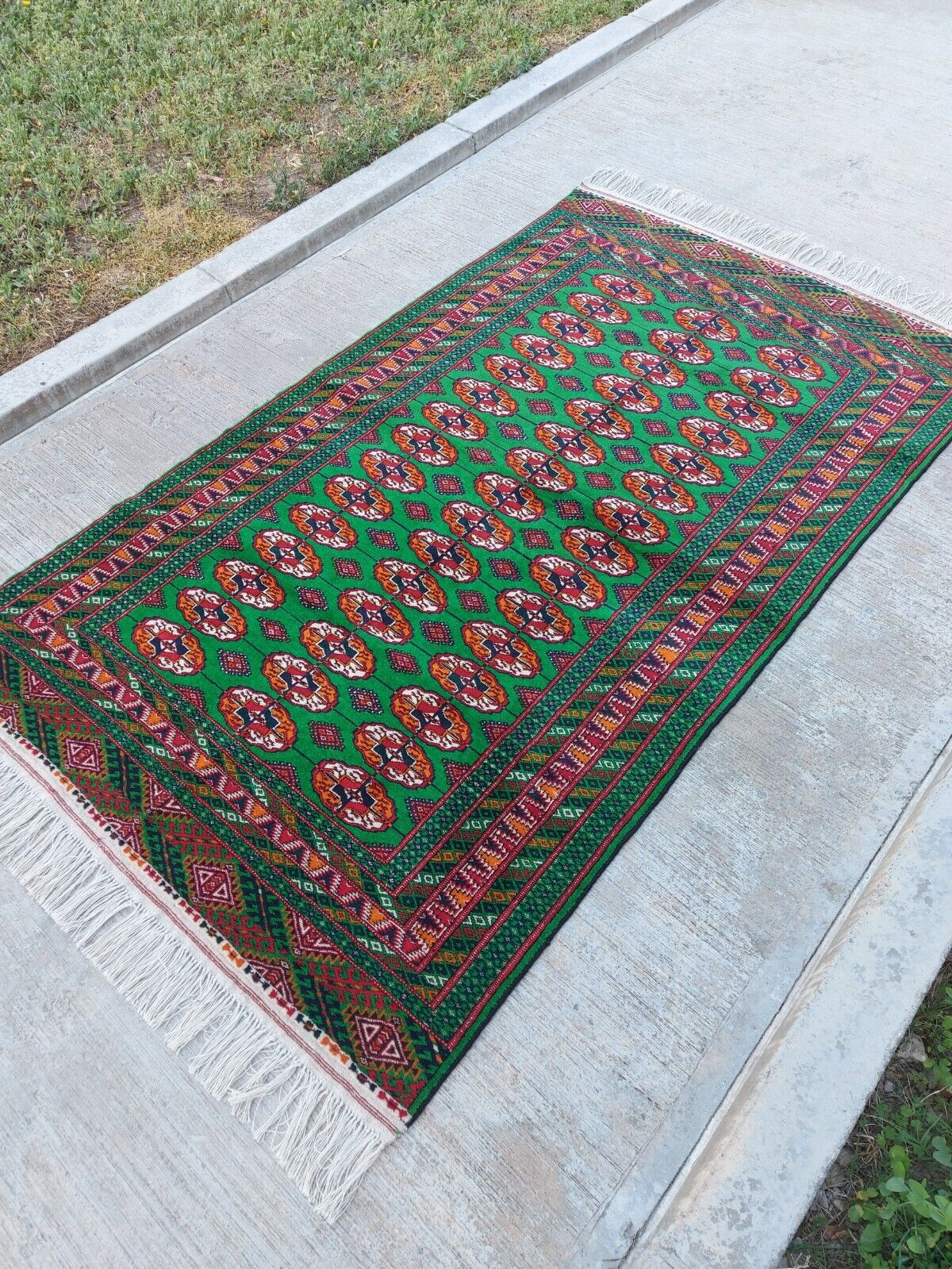 4'3"x7'2" Hand-woven Oriental Wool Rug Turkman Bokhara Green 131x220cm Carpet