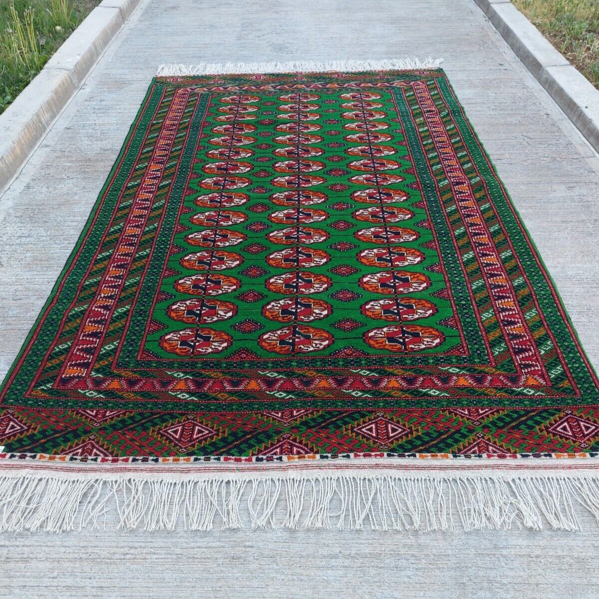 4'3"x7'2" Hand-woven Oriental Wool Rug Turkman Bokhara Green 131x220cm Carpet