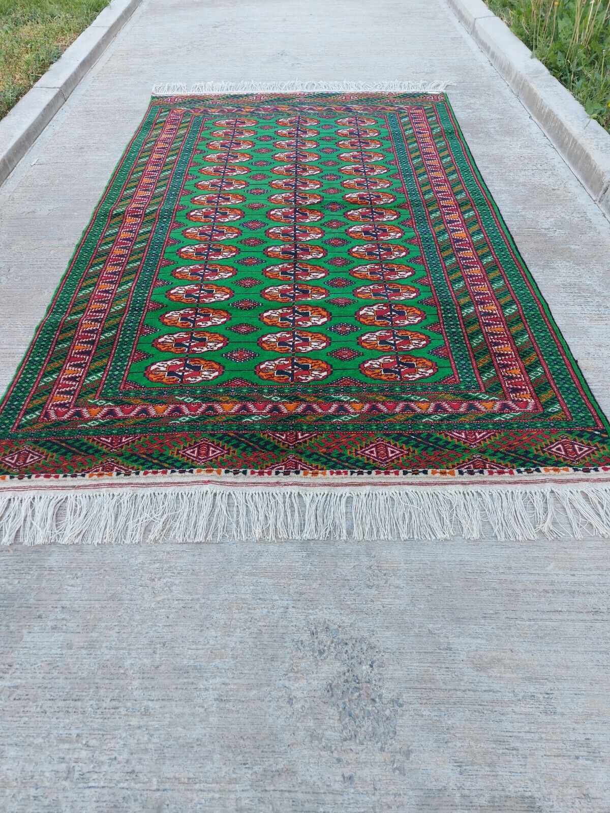 4'3"x7'2" Hand-woven Oriental Wool Rug Turkman Bokhara Green 131x220cm Carpet