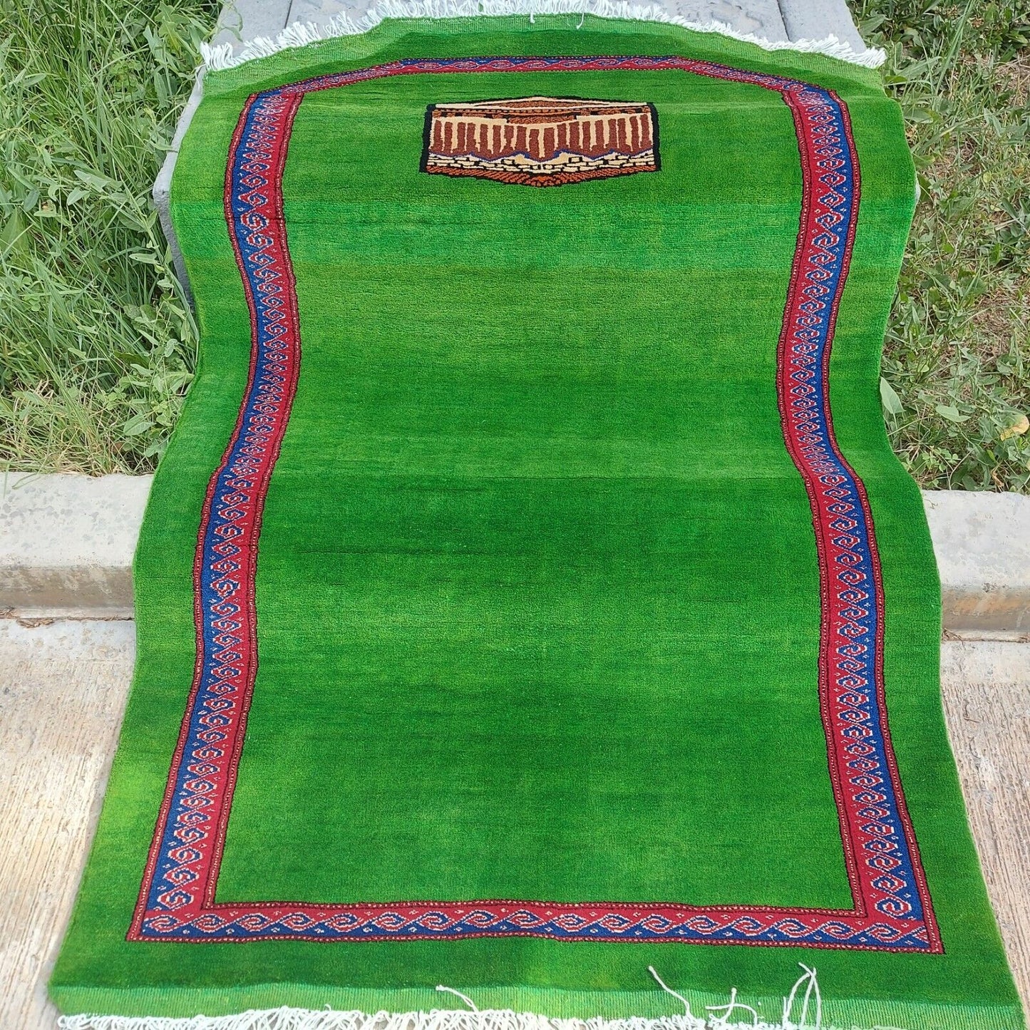 2'9"x4'3" Handmade Green Pure Wool Prayer Rug, Islamic Namaz Prayer Rug 85x130cm