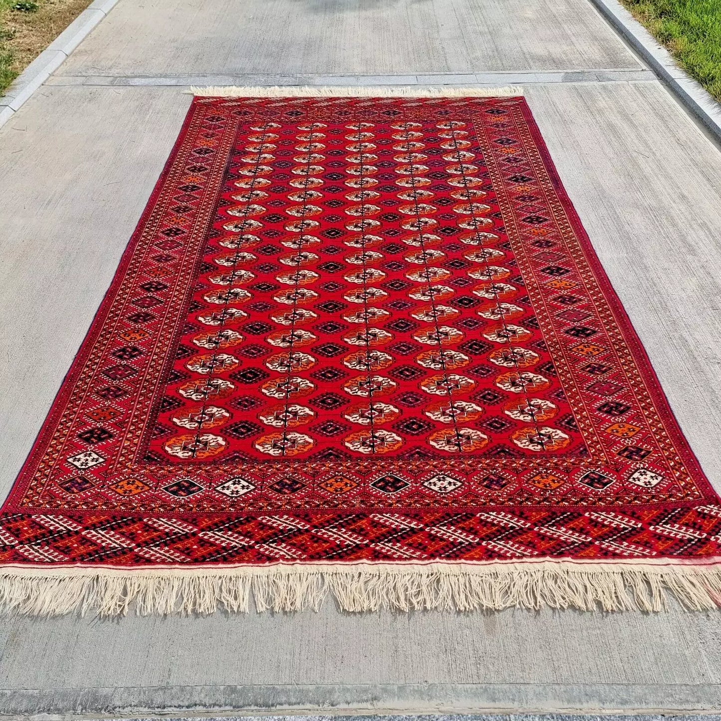 Red Turkmen Bukhara Handmade Rug- Vintage Tekke Wool Carpet 6'6 x 11 ft (200 x 340 cm)