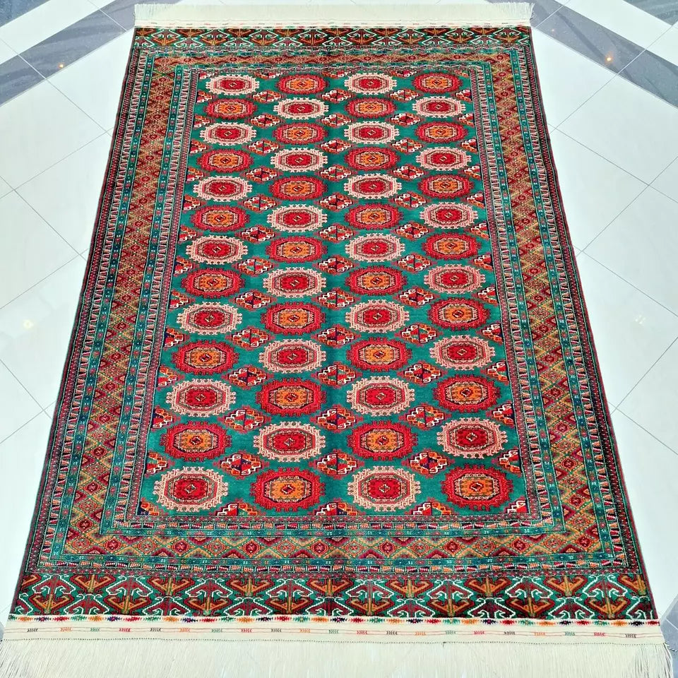 Oriental Green Rug 8 x 12 ft Handmade Turkmen Wool Rug (250 x 350cm), Large Area Rug