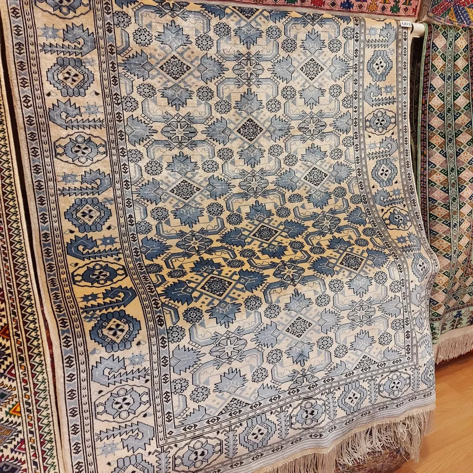 4 x 7 ft Silk Rug Traditional Handmade Beige Blue Ersari Beshir 125 x 200 cm Carpet