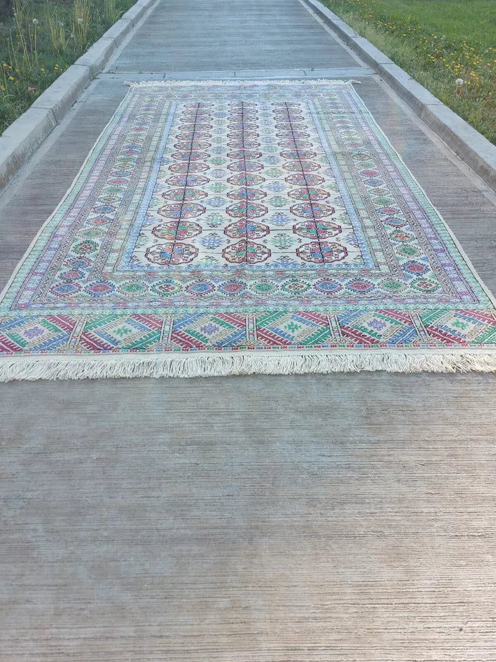 4'11"x 8'7" Silk Turkmen Tekke Tribal Rug Beige Hand-knotted Rug 150 x 262cm Carpet