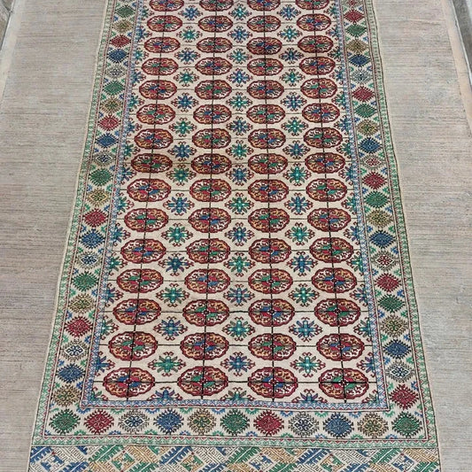 Silk Hand-knotted 125 x 225cm Turkmen Tekke Tribal Bukhara Beige Rug 4'1"x 7'4" ft