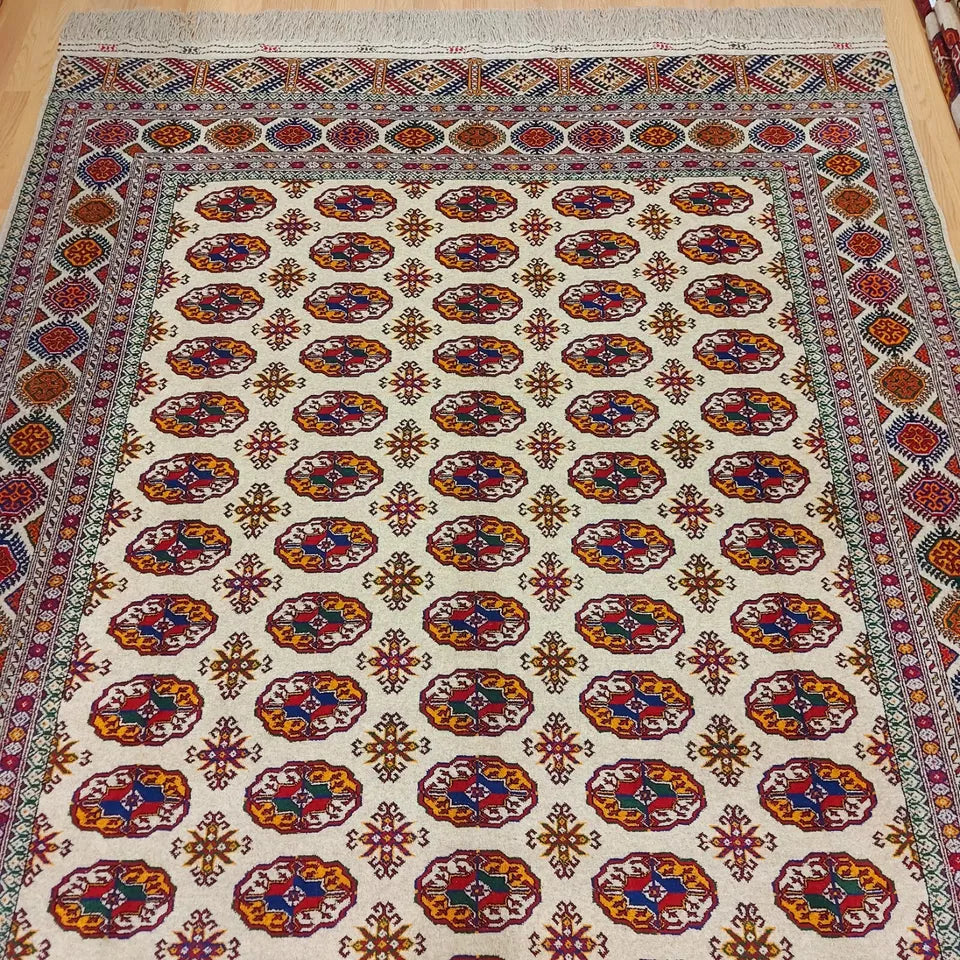 6'6" x 9'6" Oriental Rug Turkmen Wool Beige Large Tekke Area Rug 200 x 292cm Carpet