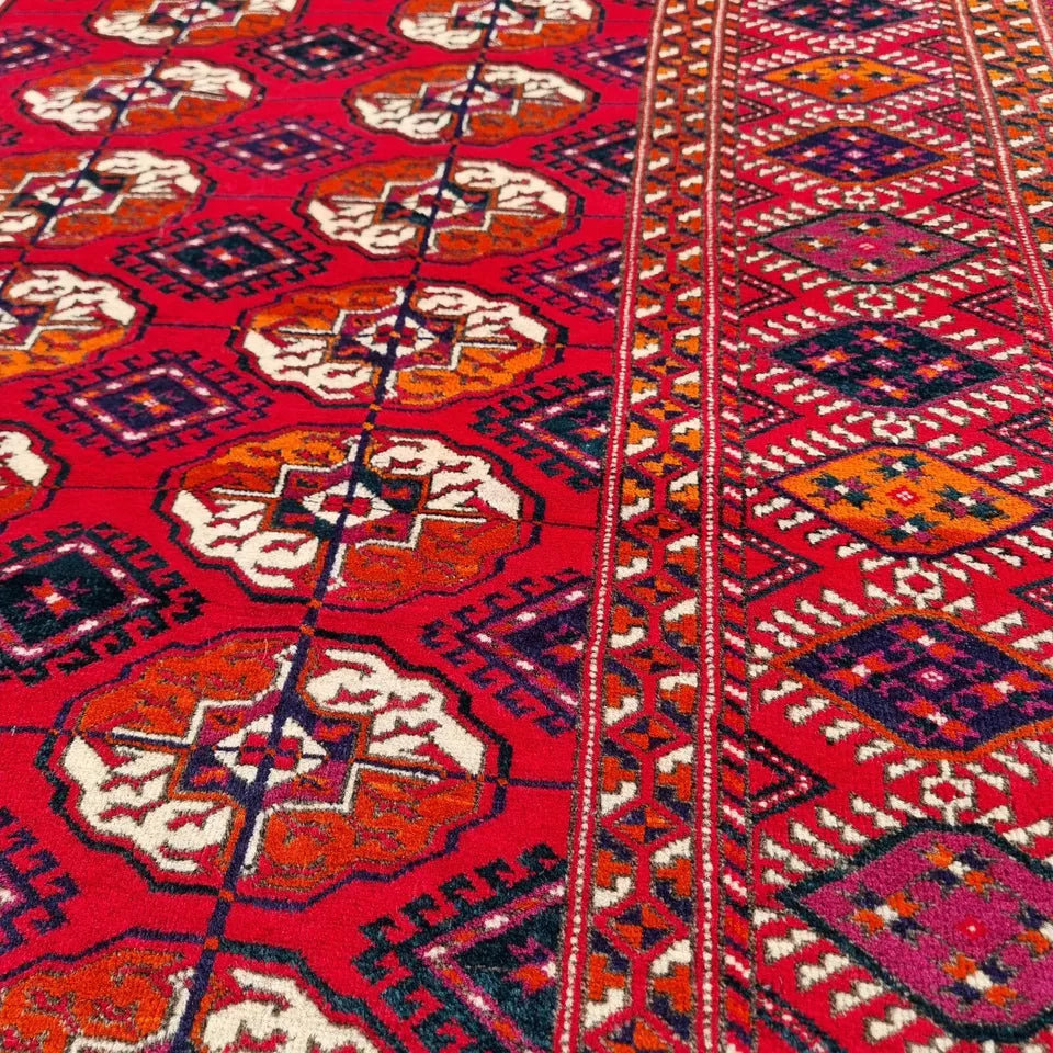 Red Turkmen Bukhara Handmade Rug- Vintage Tekke Wool Carpet 6'6 x 11 ft (200 x 340 cm)