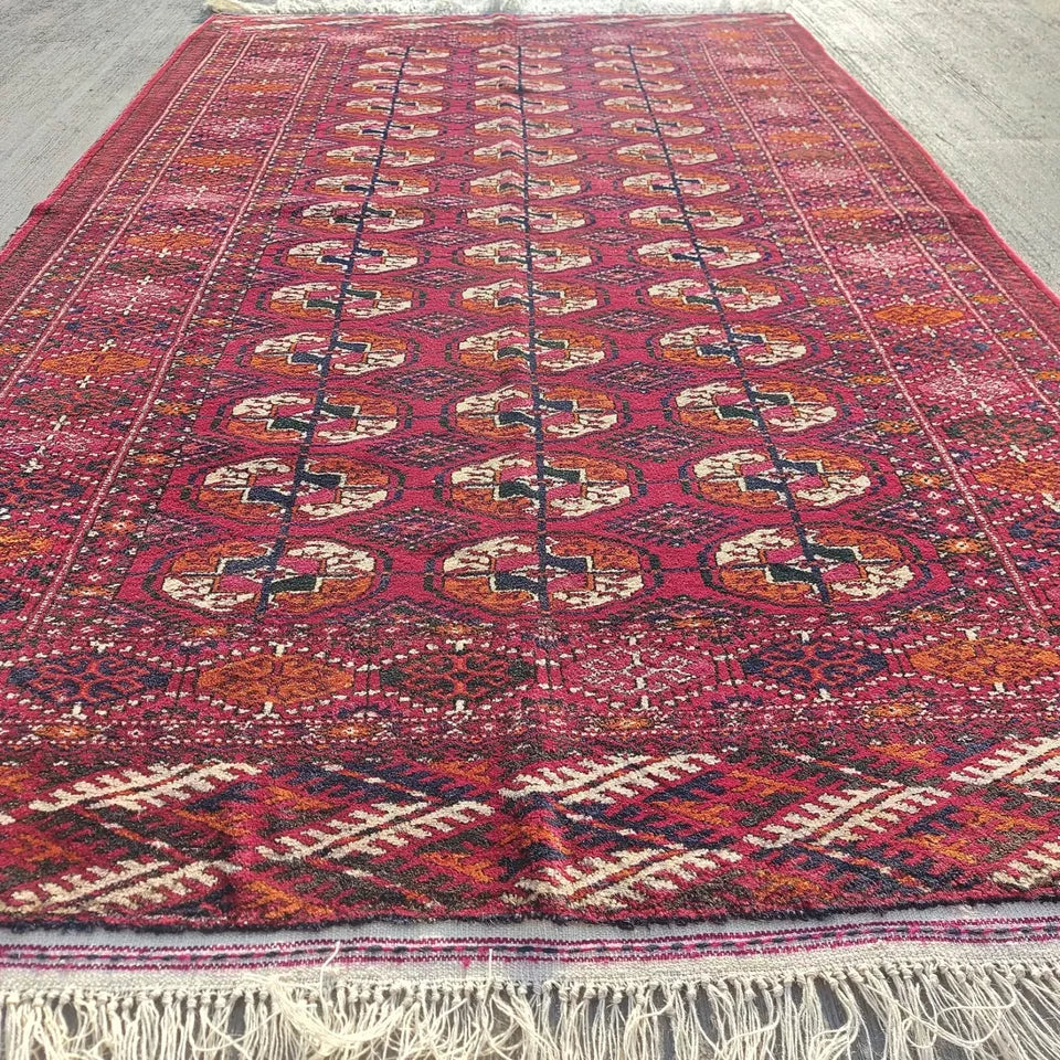 Stunning Antique Red Bukhara Wool Carpet 4'3"x7'1" Hand-Knotted Turkmen Area Rug