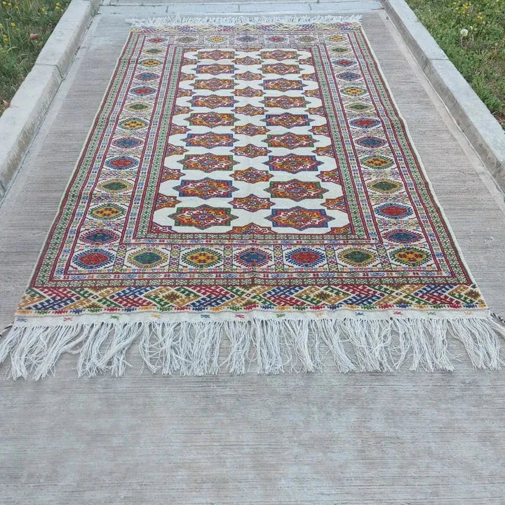 4'11"x 7'10" ft Handmade Oriental Wool Rug Turkmen Bukhara Beige 152 x 240 cm Carpet