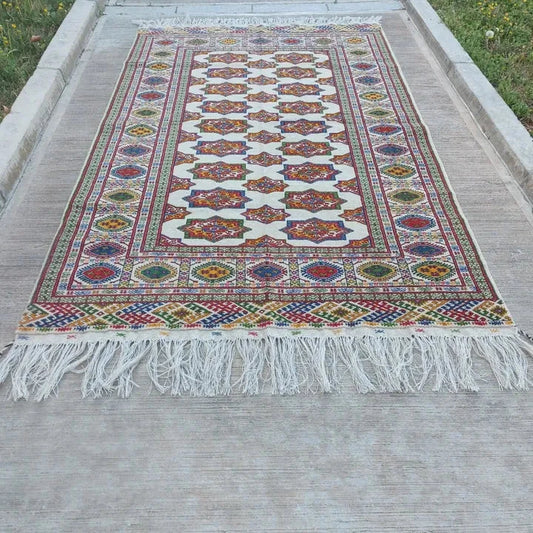 4'11"x 7'10" ft Handmade Oriental Wool Rug Turkmen Bukhara Beige 152 x 240 cm Carpet