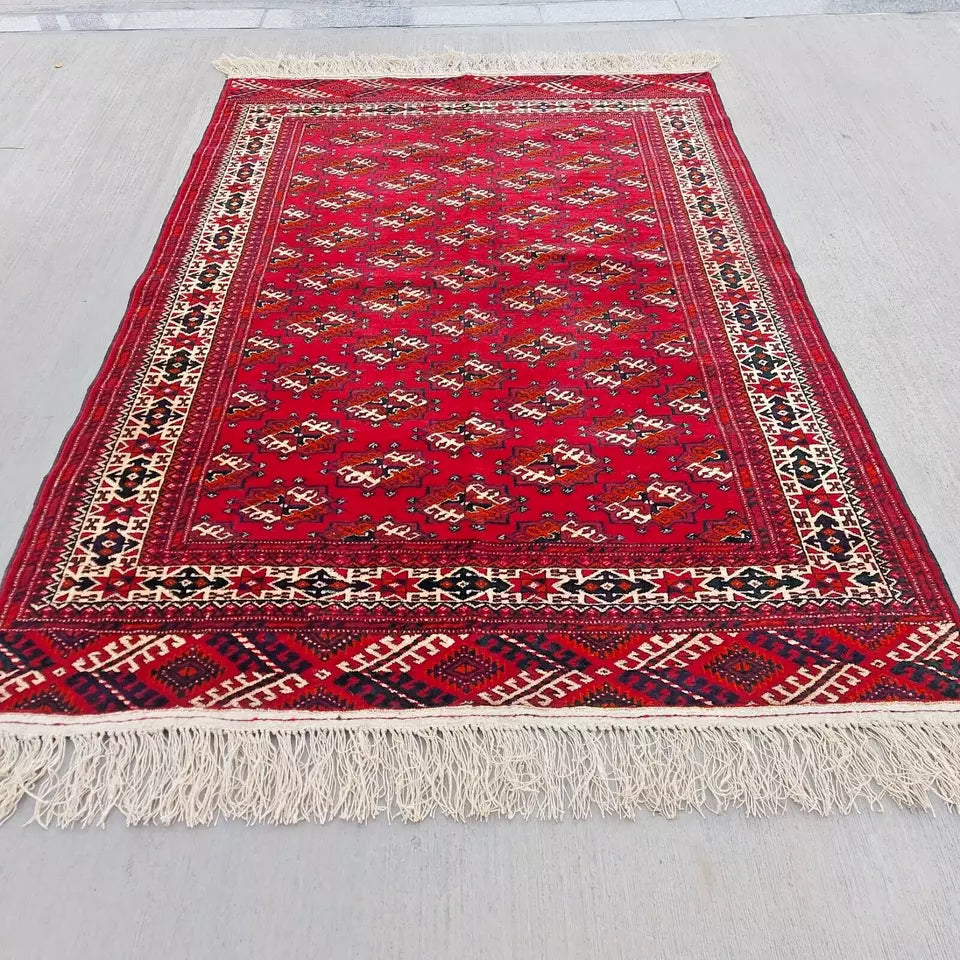 Rare Vintage Red Turkoman Rug 4 x 6 ft Handmade 100% Wool Beauty, Antique Area Rug