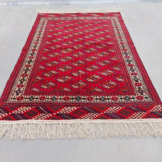 Rare Vintage Red Turkoman Rug 4 x 6 ft Handmade 100% Wool Beauty, Antique Area Rug