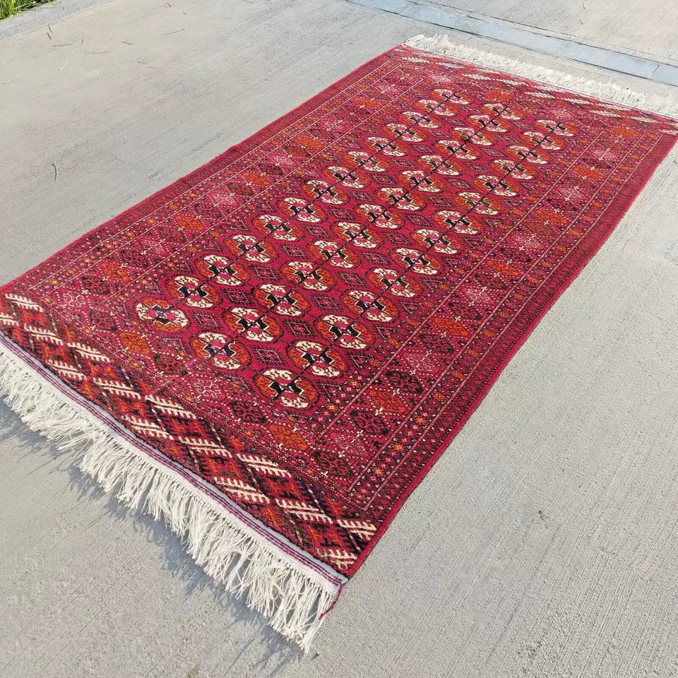 Stunning Antique Red Bukhara Wool Carpet 4'3"x7'1" Hand-Knotted Turkmen Area Rug