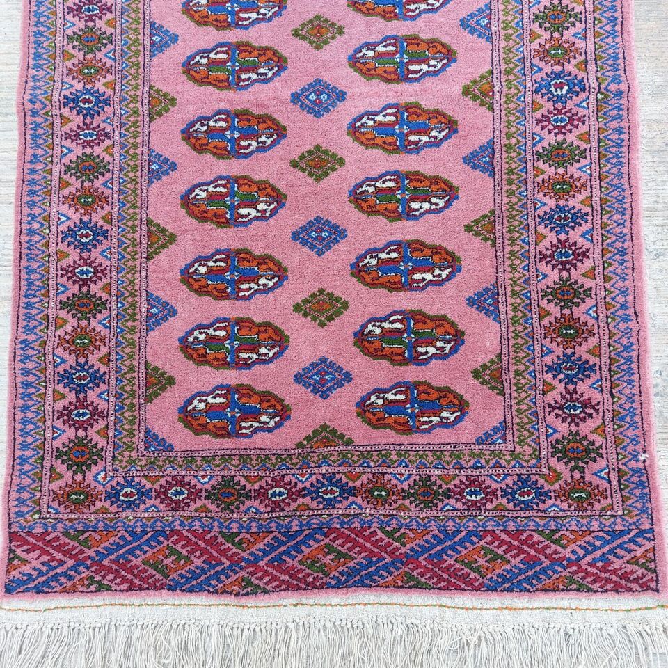 2'7"x 4' Handmade Turkmen Pink Wool Bukhara Rug, 80x122cm Oriental Carpet