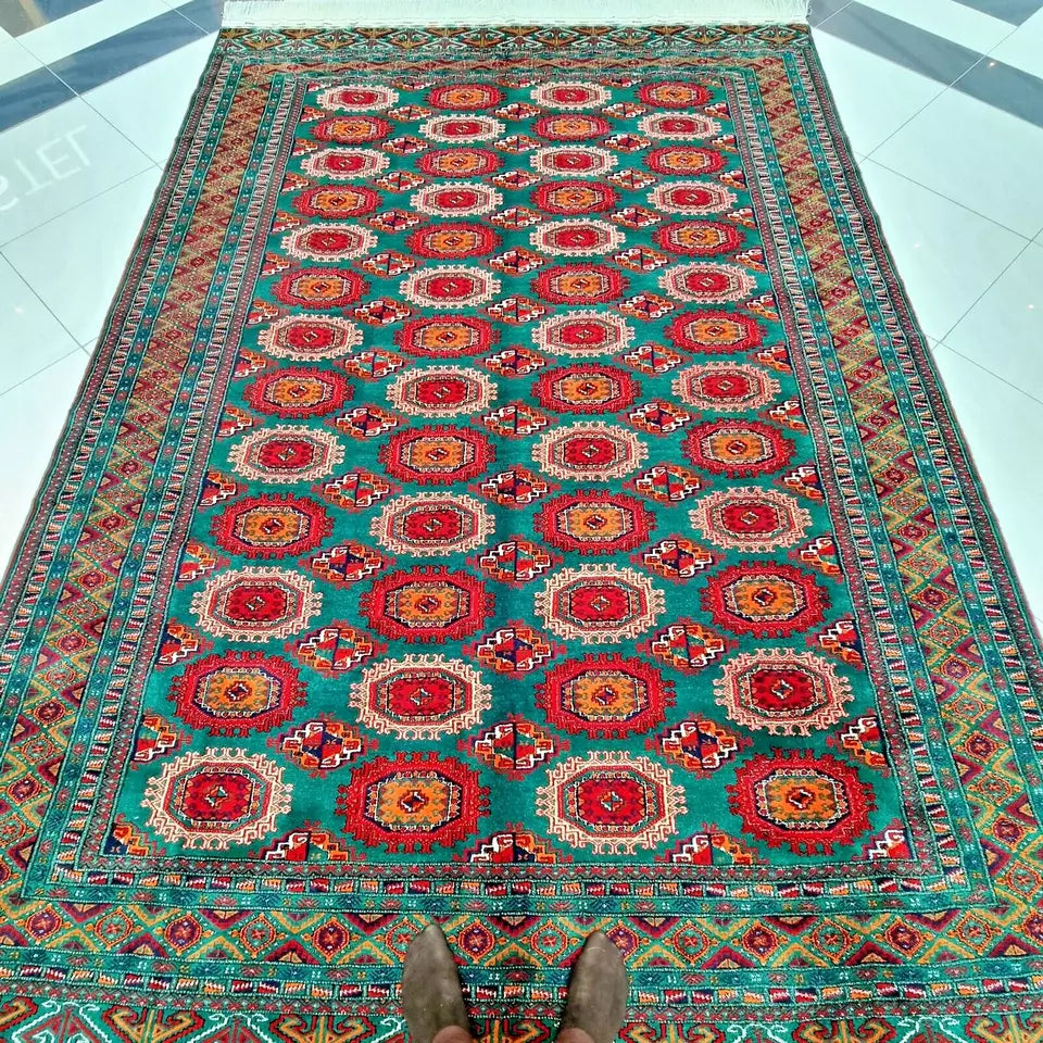 Oriental Green Rug 8 x 12 ft Handmade Turkmen Wool Rug (250 x 350cm), Large Area Rug