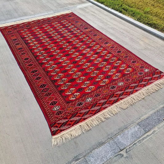 Red Turkmen Bukhara Handmade Rug- Vintage Tekke Wool Carpet 6'6 x 11 ft (200 x 340 cm)