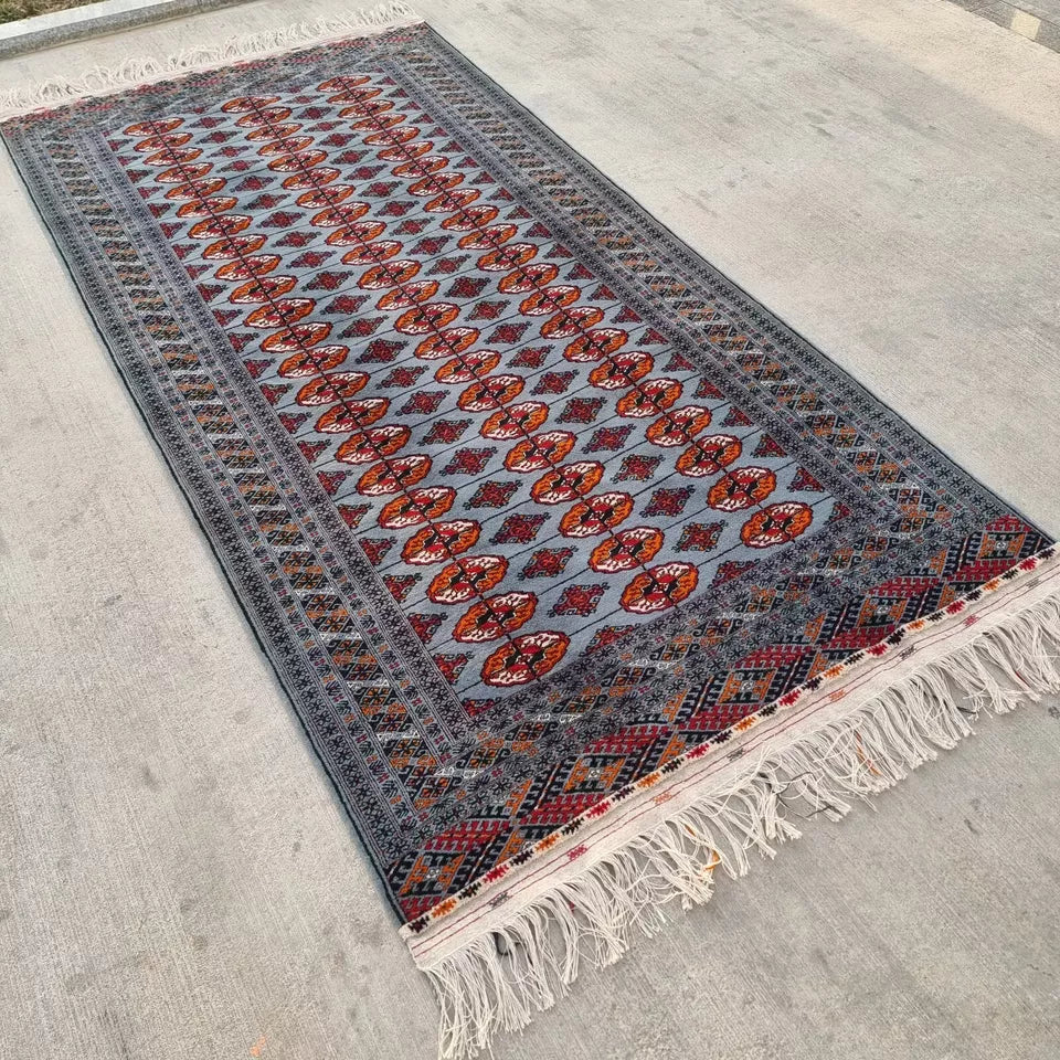 4'11 x 9'10 Handmade Tribal Blue Turkmen Bokhara Wool Tekke Carpet 150 x 300 cm