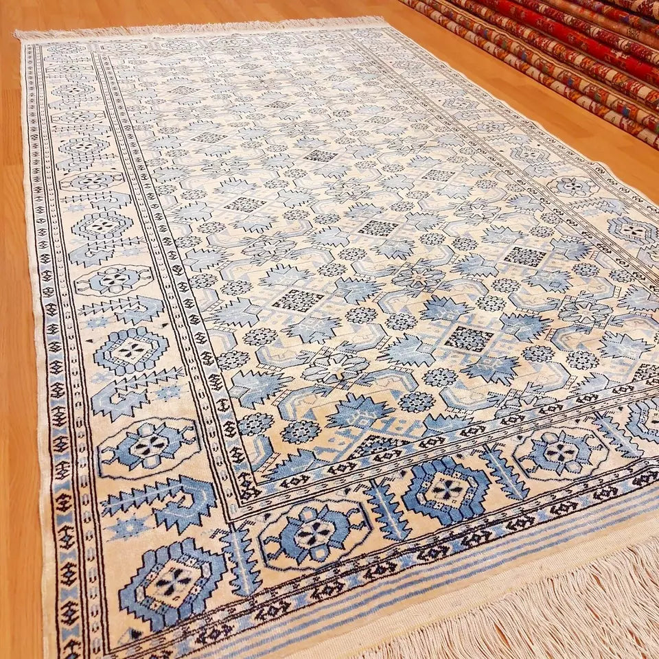 4 x 7 ft Silk Rug Traditional Handmade Beige Blue Ersari Beshir 125 x 200 cm Carpet