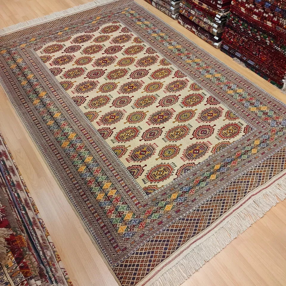 7 x 10 ft Handmade Oriental 100% Wool Turkmen Tribal Rug Beige 200 x 300cm Carpet