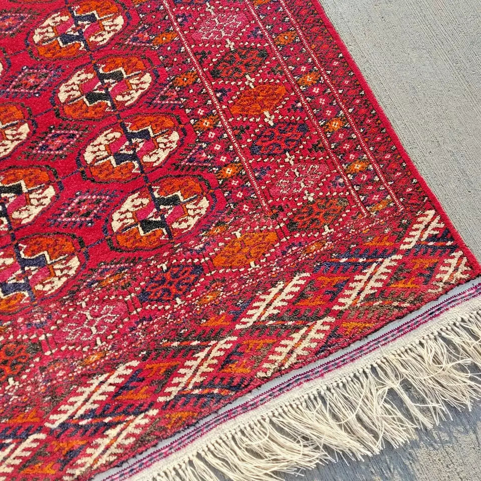 Stunning Antique Red Bukhara Wool Carpet 4'3"x7'1" Hand-Knotted Turkmen Area Rug