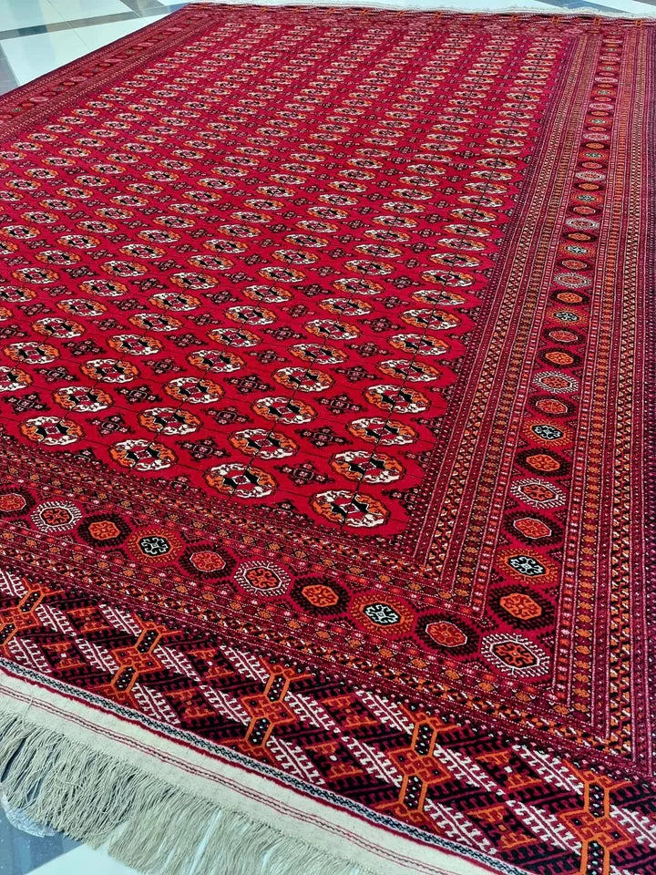 13 x 19 ft Large Handknotted Red Turkmen Wool Rug 400 x 580 cm, Bukhara Mansion Carpet