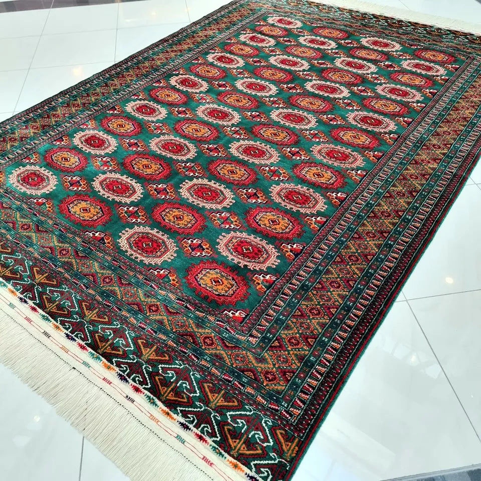 Oriental Green Rug 8 x 12 ft Handmade Turkmen Wool Rug (250 x 350cm), Large Area Rug