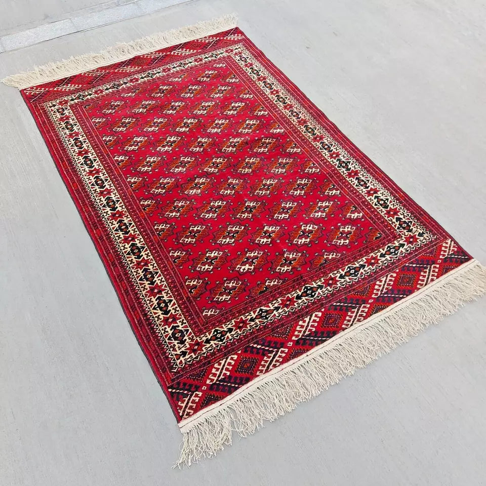 Rare Vintage Red Turkoman Rug 4 x 6 ft Handmade 100% Wool Beauty, Antique Area Rug