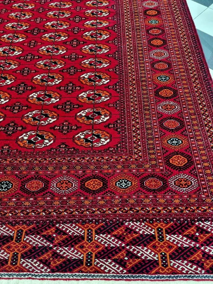 13 x 19 ft Large Handknotted Red Turkmen Wool Rug 400 x 580 cm, Bukhara Mansion Carpet