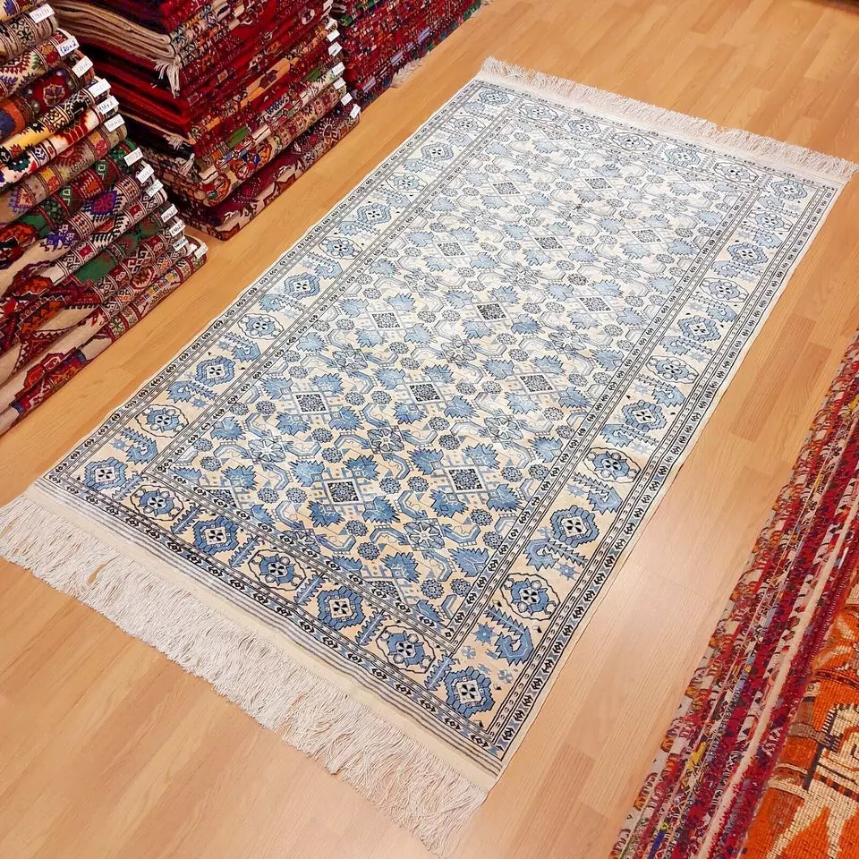 4 x 7 ft Silk Rug Traditional Handmade Beige Blue Ersari Beshir 125 x 200 cm Carpet