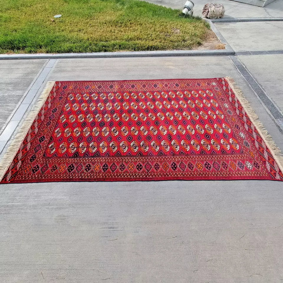 Red Turkmen Bukhara Handmade Rug- Vintage Tekke Wool Carpet 6'6 x 11 ft (200 x 340 cm)