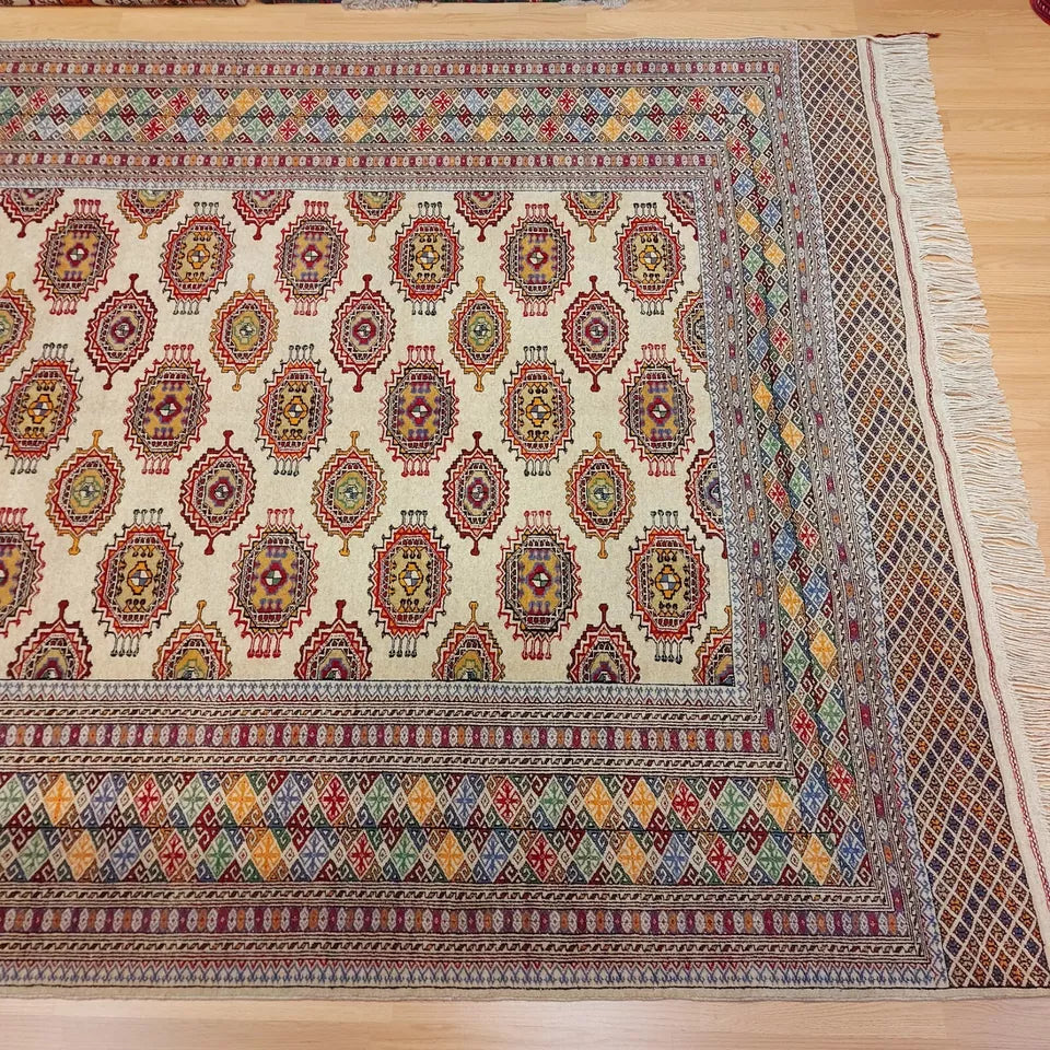 7 x 10 ft Handmade Oriental 100% Wool Turkmen Tribal Rug Beige 200 x 300cm Carpet