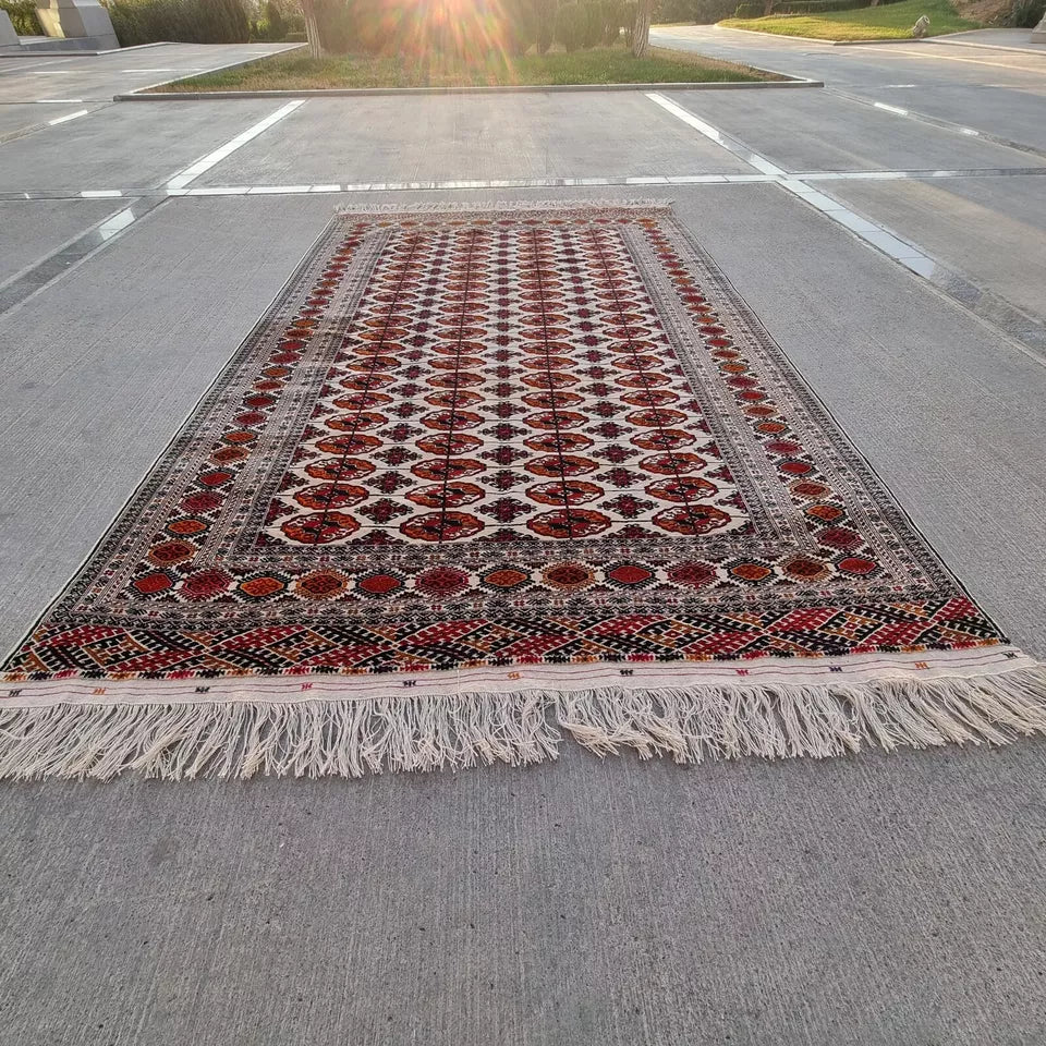 6'6"x 10'2" Hand-woven Oriental Beige Turkmen Bokhara Wool Tekke Carpet 200 x 310 cm