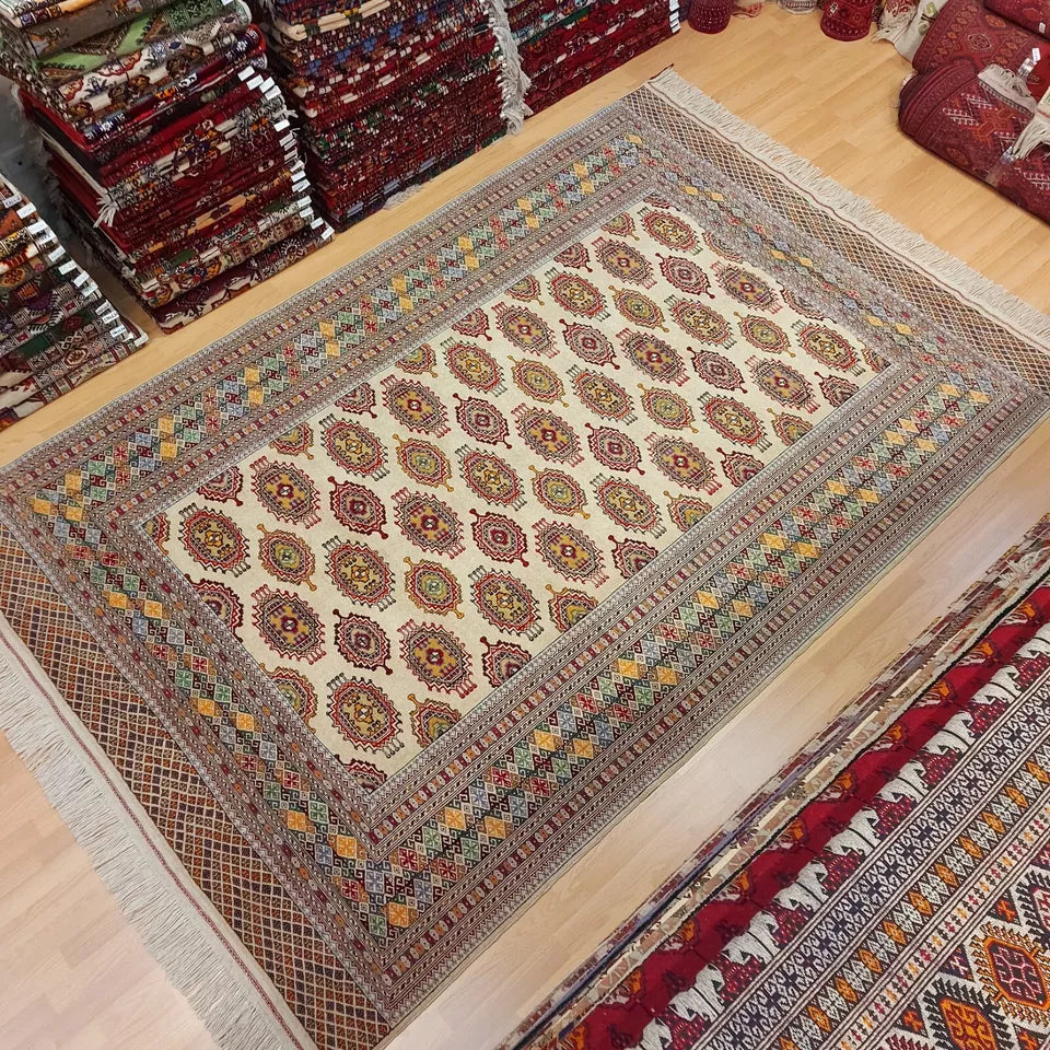 7 x 10 ft Handmade Oriental 100% Wool Turkmen Tribal Rug Beige 200 x 300cm Carpet