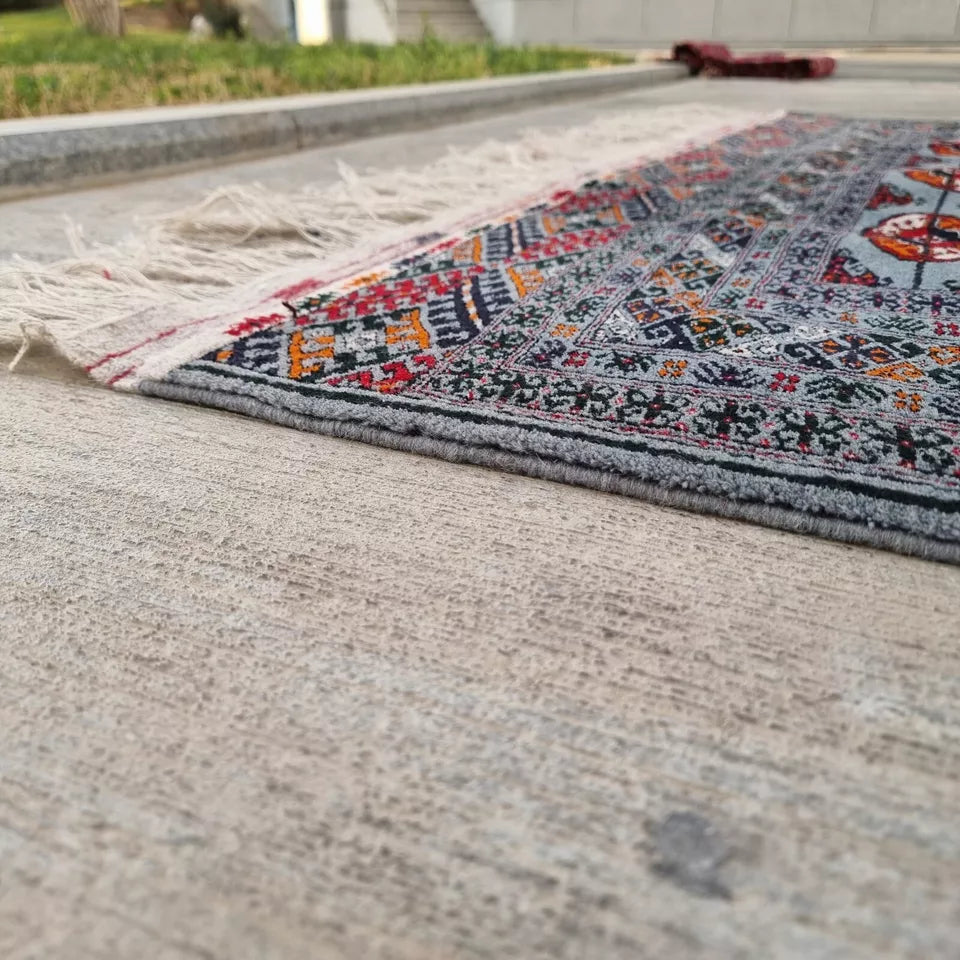 4'11 x 9'10 Handmade Tribal Blue Turkmen Bokhara Wool Tekke Carpet 150 x 300 cm