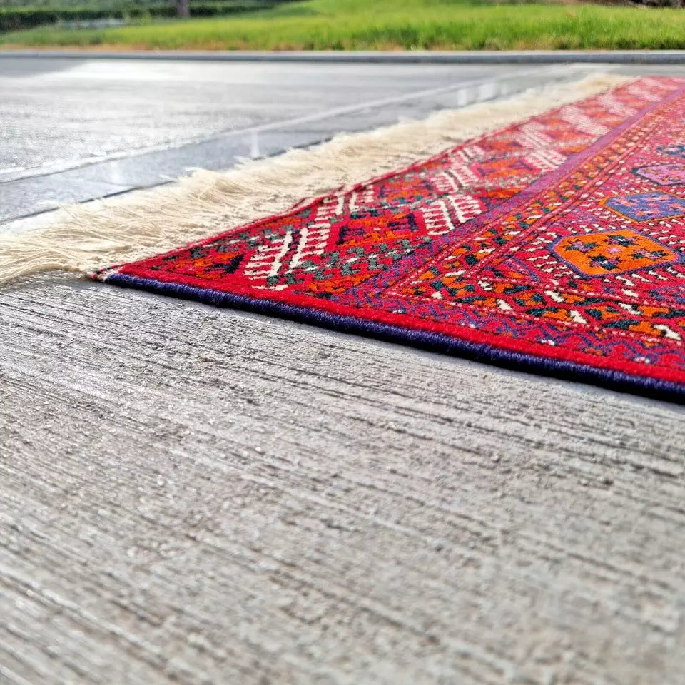 Red Turkmen Bukhara Handmade Rug- Vintage Tekke Wool Carpet 6'6 x 11 ft (200 x 340 cm)