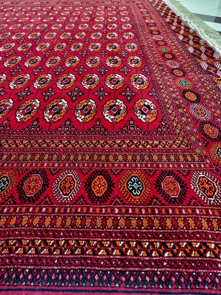 13 x 19 ft Large Handknotted Red Turkmen Wool Rug 400 x 580 cm, Bukhara Mansion Carpet