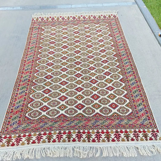 Spacious 6'6" x 9 '6" Beige Turkmen Rug Handwoven Wool Tribal Beauty (200 x 290 cm)