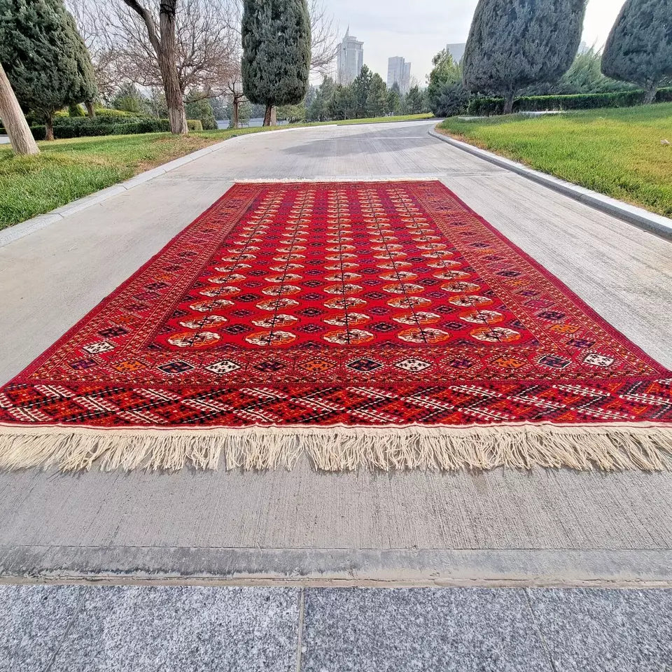 Red Turkmen Bukhara Handmade Rug- Vintage Tekke Wool Carpet 6'6 x 11 ft (200 x 340 cm)