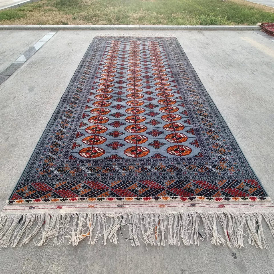 4'11 x 9'10 Handmade Tribal Blue Turkmen Bokhara Wool Tekke Carpet 150 x 300 cm