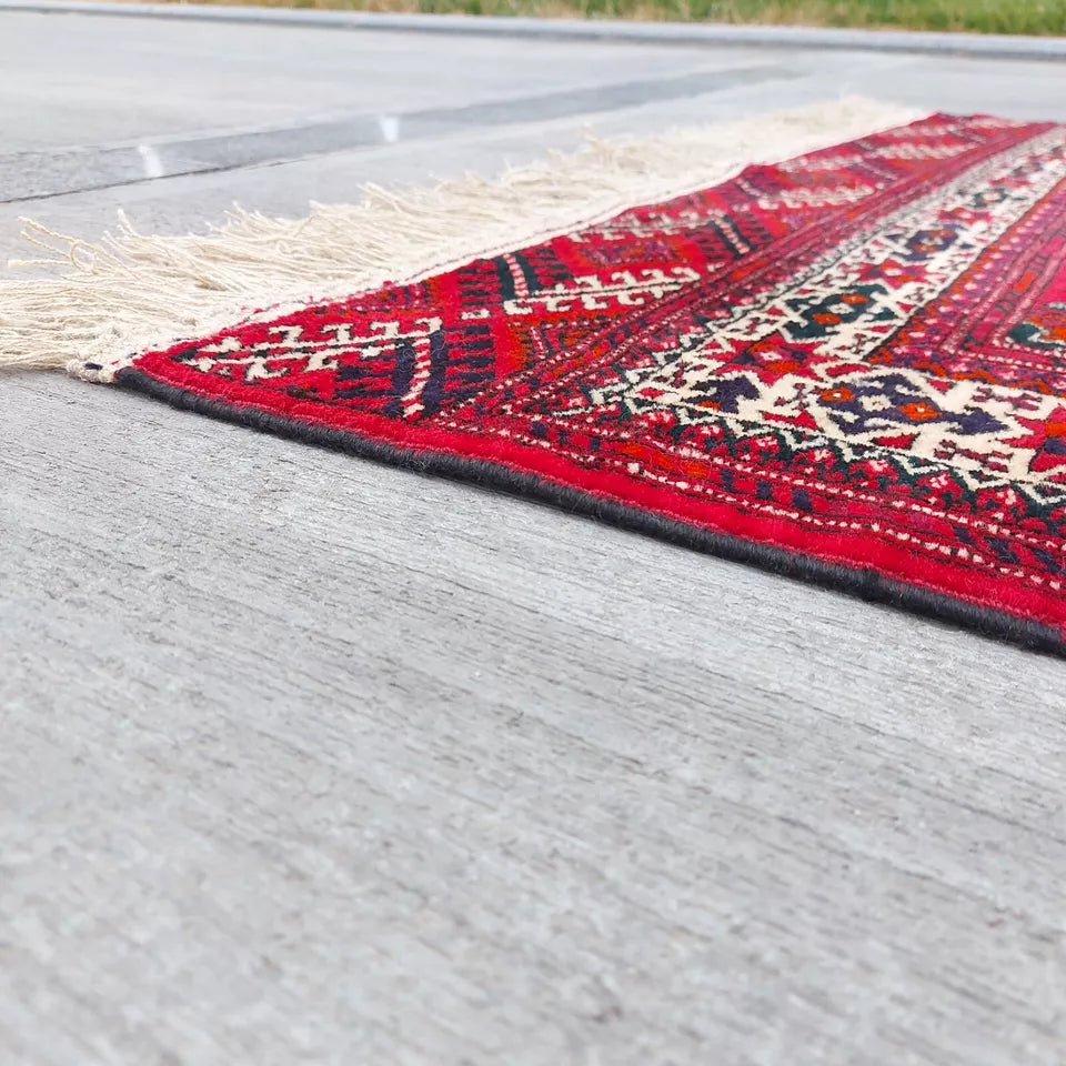 Rare Vintage Red Turkoman Rug 4 x 6 ft Handmade 100% Wool Beauty, Antique Area Rug