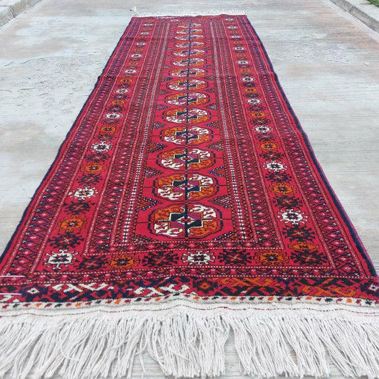 2'3"x 6'7" Handwoven Tekke Red Hallway Corridor Runner Kitchen Rug Wool 70 x 205 cm