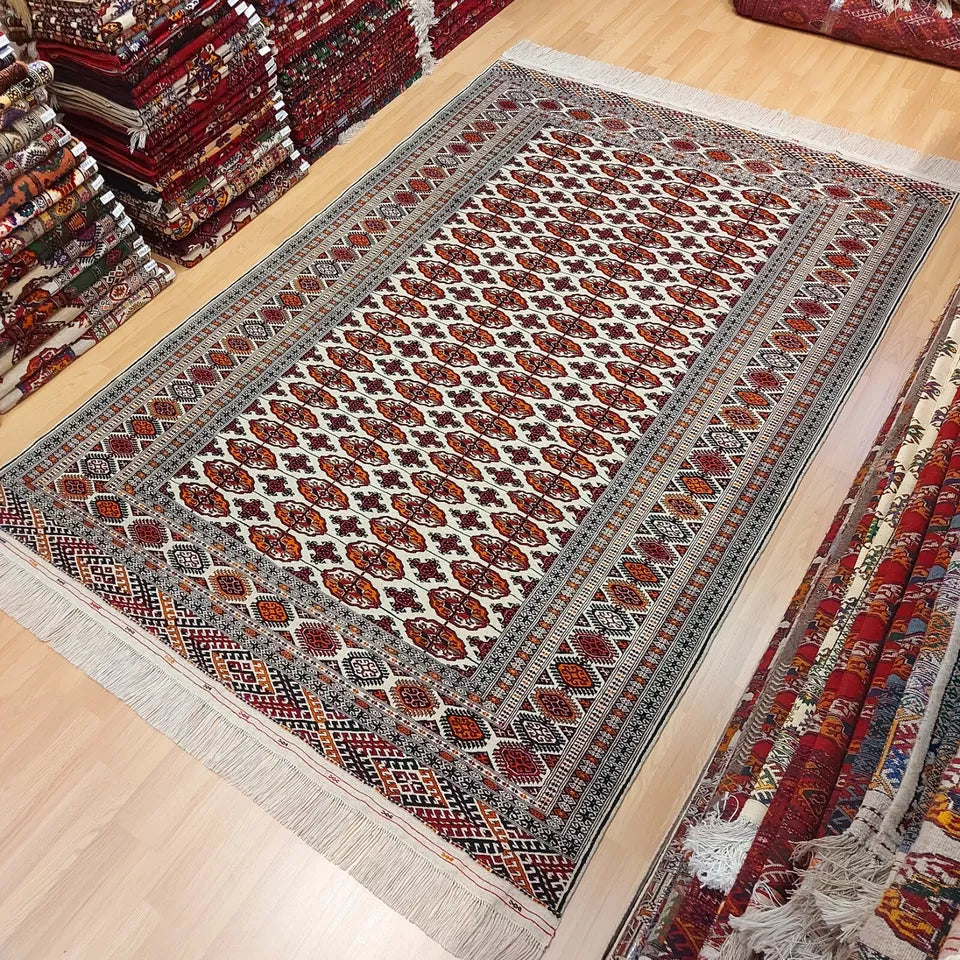 7 x 10 ft Handmade Oriental Beige Turkmen Bokhara Wool Rug Tekke Carpet 200 x 300 cm