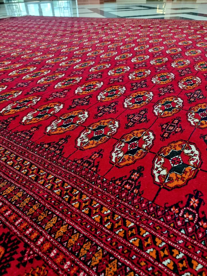 13 x 19 ft Large Handknotted Red Turkmen Wool Rug 400 x 580 cm, Bukhara Mansion Carpet