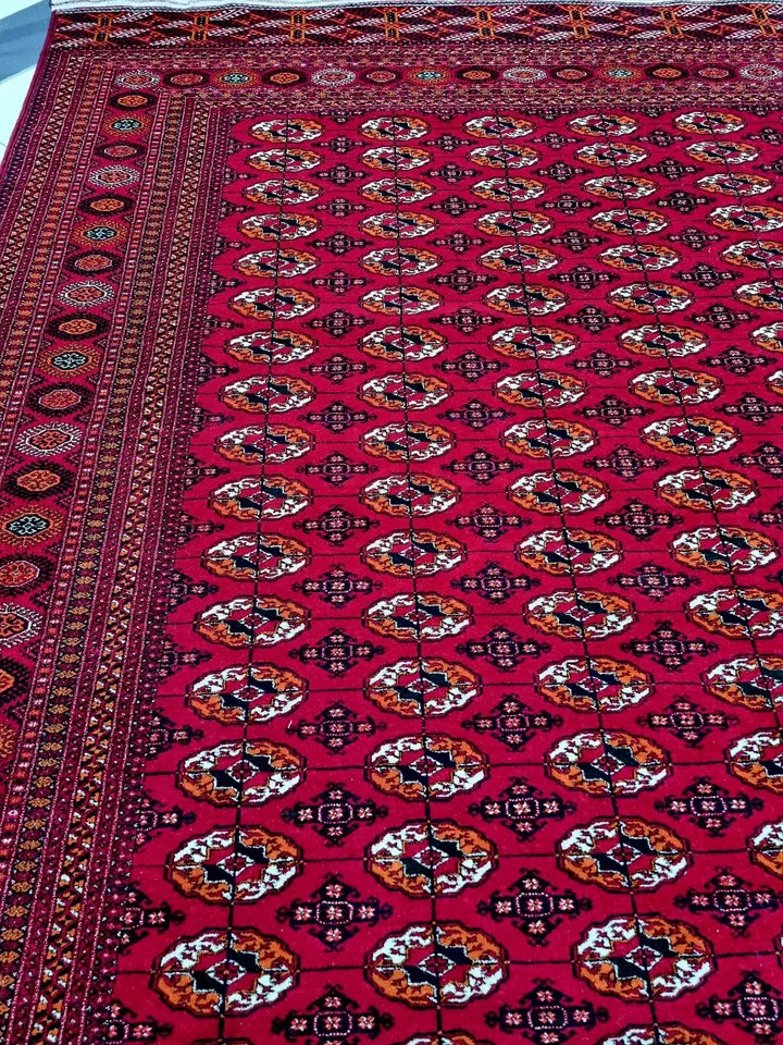 13 x 19 ft Large Handknotted Red Turkmen Wool Rug 400 x 580 cm, Bukhara Mansion Carpet