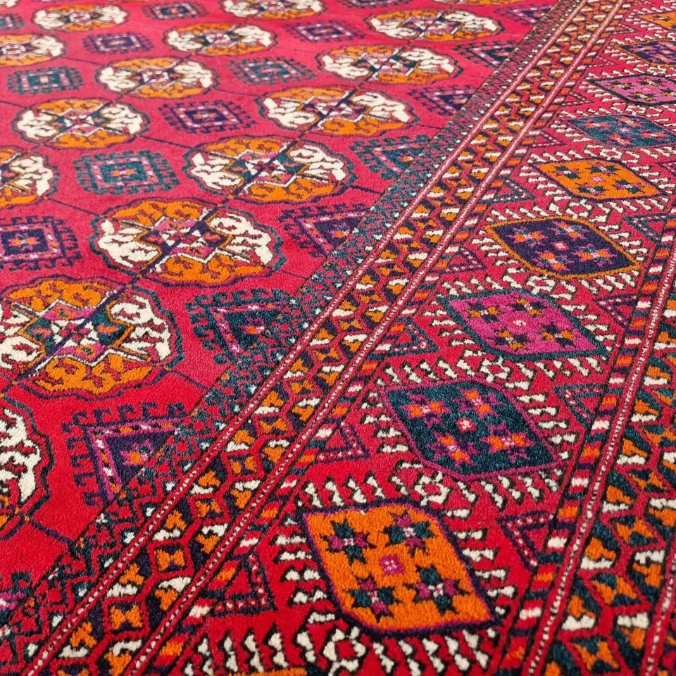 Red Turkmen Bukhara Handmade Rug- Vintage Tekke Wool Carpet 6'6 x 11 ft (200 x 340 cm)