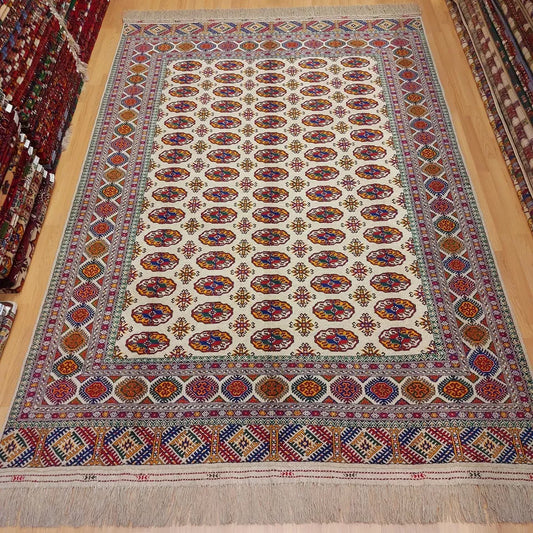 6'6" x 9'6" Oriental Rug Turkmen Wool Beige Large Tekke Area Rug 200 x 292cm Carpet